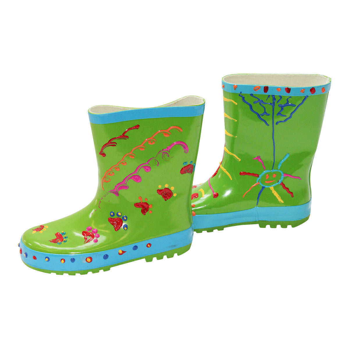 Little Pals Paint Your Own Wellies Rain Boots Green with Blue Trim Kids US Size 9.5