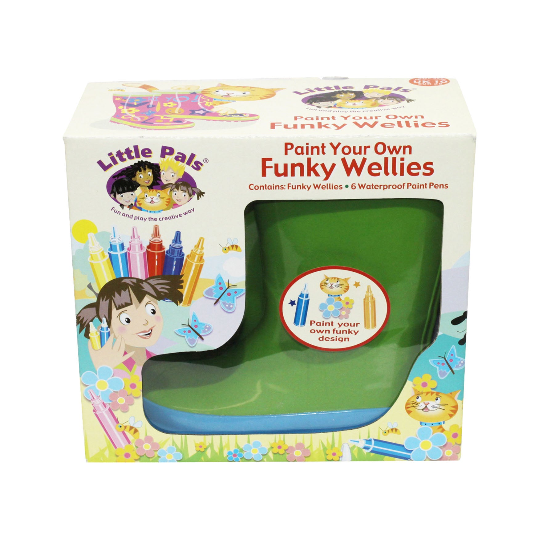 Little Pals Paint Your Own Wellies Rain Boots Green with Blue Trim Kids US Size 9.5