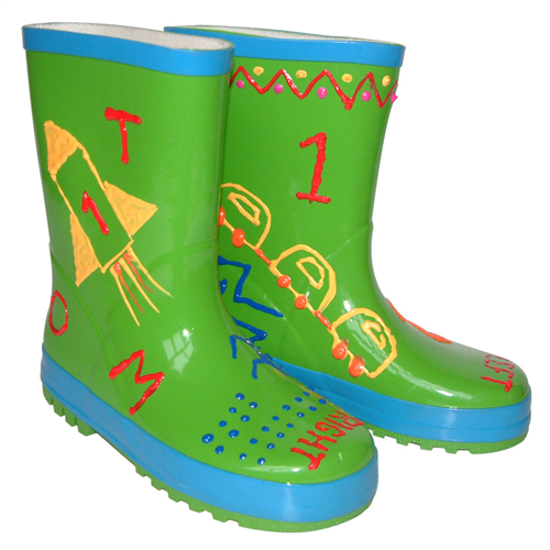 Little Pals Paint Your Own  Wellies Rain Boots Green with Blue Trim Kids US Size 9.5