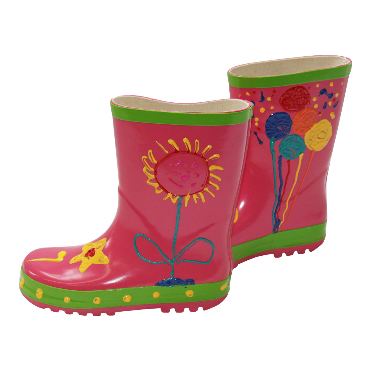 Little Pals Paint Your Own Wellies Rain Boots Pink with Green Trim Kids US Size 9.5