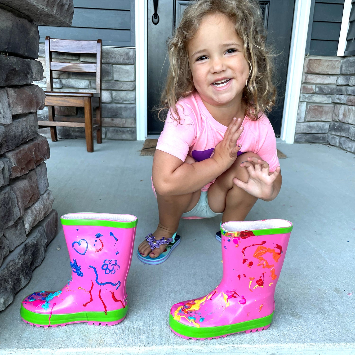 Little Pals Paint Your Own Wellies Rain Boots Pink with Green Trim Kids US Size 11.5