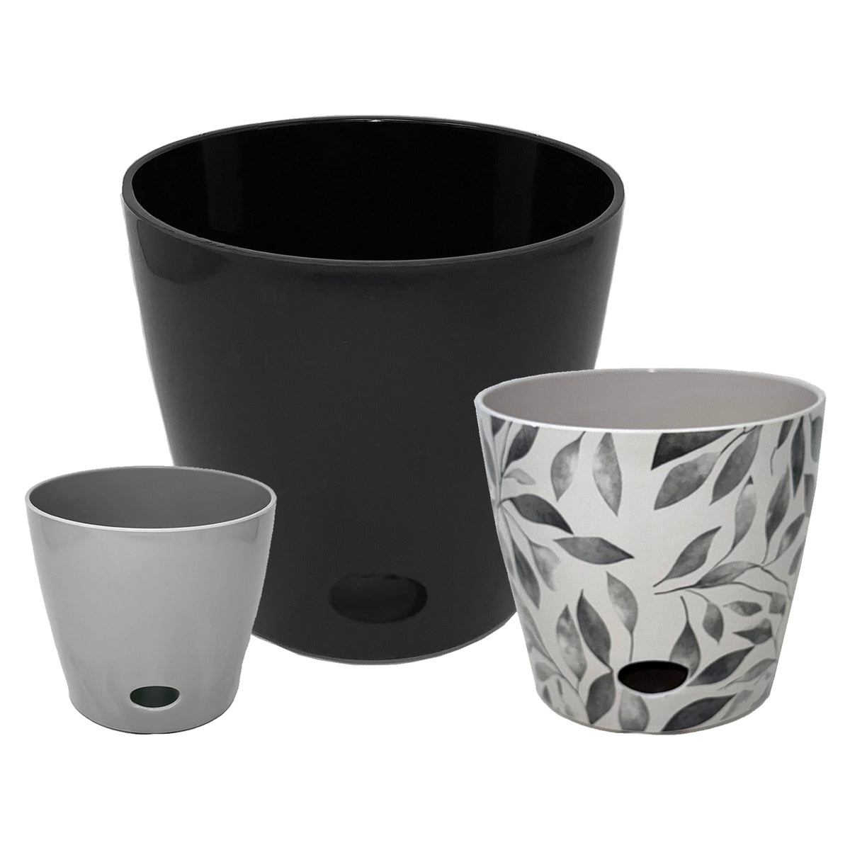 Self-Watering Plant Pot Set of 3 5" Gray 7" Gray Leaves 10" Black