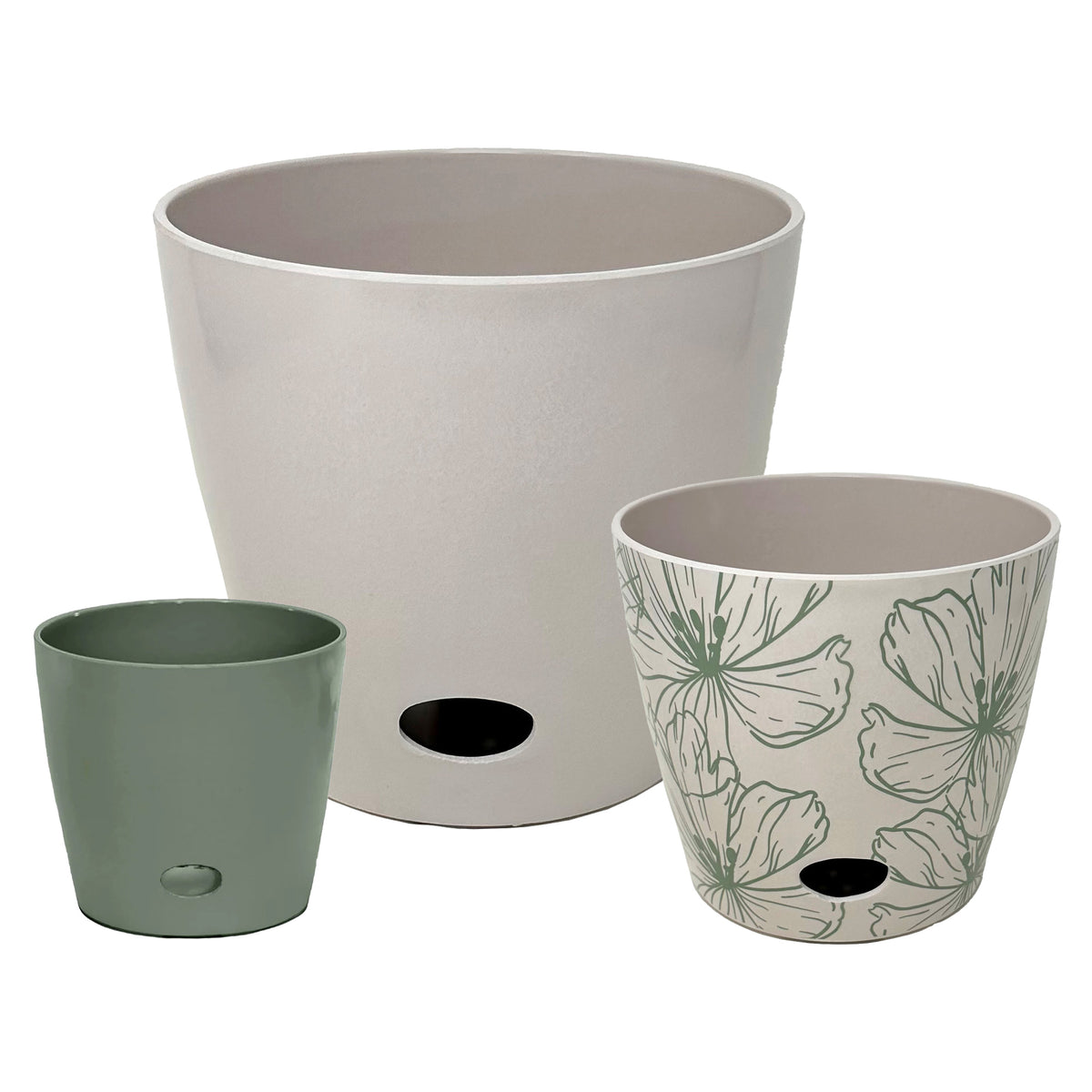 Self-Watering Plant Pot Set of 3 5" Sage Green 7" Green Flower 10" Cream