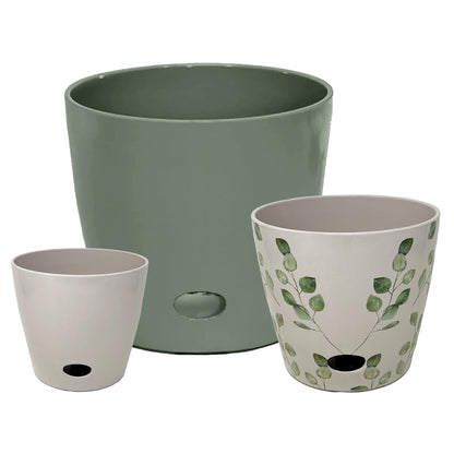 Self-Watering Plant Pot Set of 3 5" Cream 7" Green Leaves 10" Sage Green