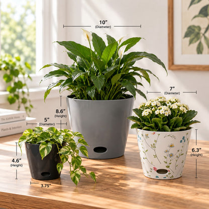 Self-Watering Plant Pot Set of 3 5" Black 7" Wildflower 10" Gray