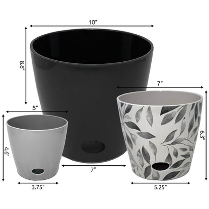 Self-Watering Plant Pot Set of 3 5" Gray 7" Gray Leaves 10" Black