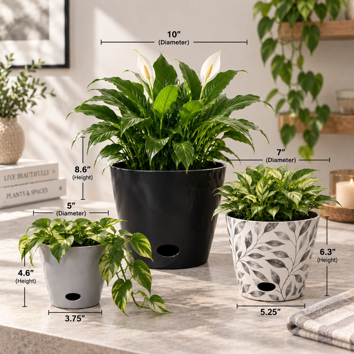 Self-Watering Plant Pot Set of 3 5" Gray 7" Gray Leaves 10" Black