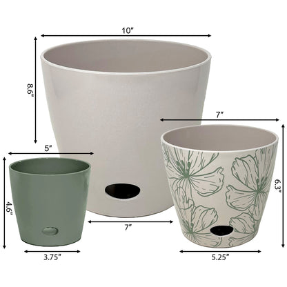 Self-Watering Plant Pot Set of 3 5" Sage Green 7" Green Flower 10" Cream